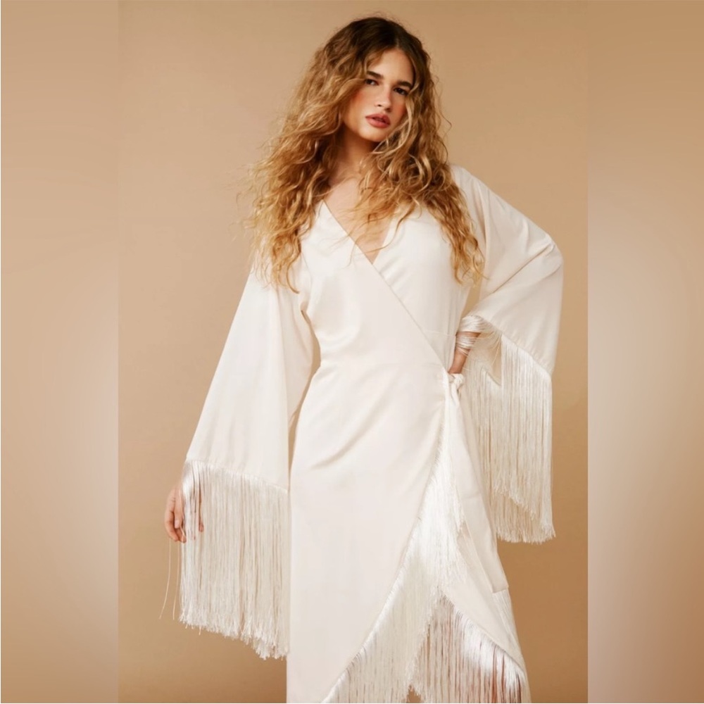 Cream Wrap Fringe Detail Midi Dress
